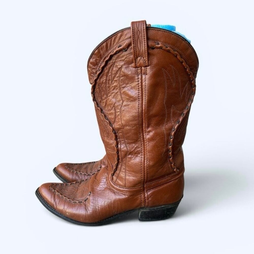 Vintage Western Cowboy Boots Men’s Size 12D Brown Leather Snip Toe Whip Stitched
